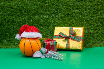 Basketball Christmas holiday with Santa hat and Christmas ornament