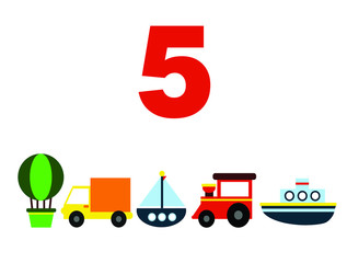 numbers for children with examples. Kids learning material. Card for learning numbers. children's cartoon cars, ships, balloon, airplane