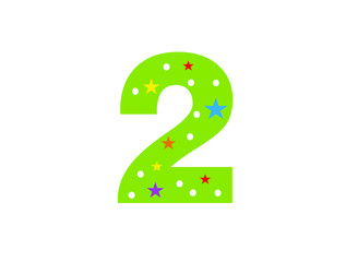 numbers for children. Kids learning material. Card for learning numbers. Number 2. colored numbers in white dots and stars