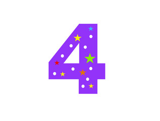 numbers for children. Kids learning material. Card for learning numbers. Number 4. colored numbers in white dots and stars