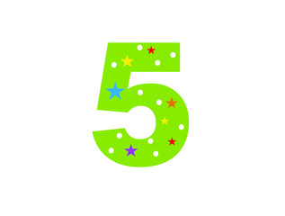 numbers for children. Kids learning material. Card for learning numbers. Number 5. colored numbers in white dots and stars