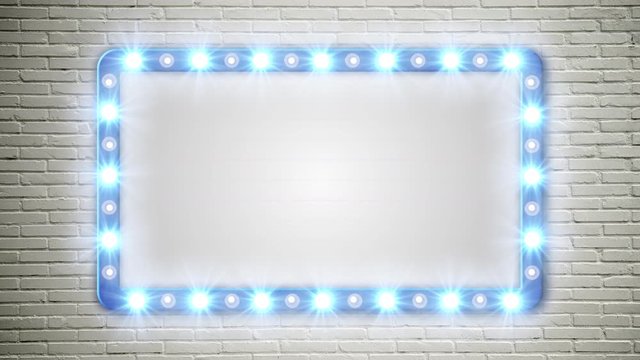 A blank marquee sign on a white brick wall with flashing lights.	
