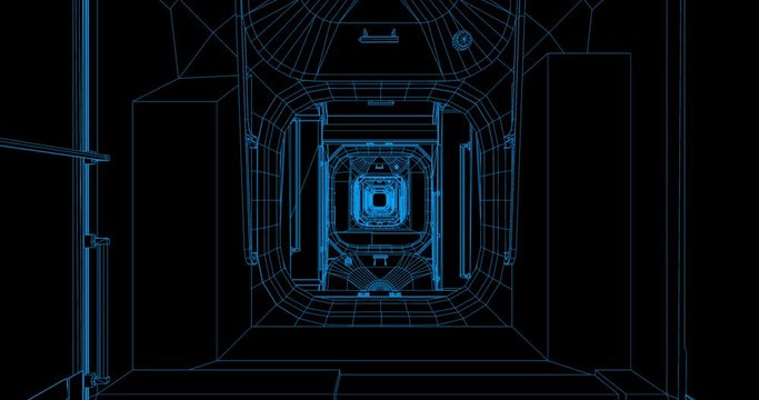 Looping wireframe rendering of level, straight-line fly though of various ISS modules. Stack in screen mode to further brighten wireframes. Elements of this image furnished by NASA.