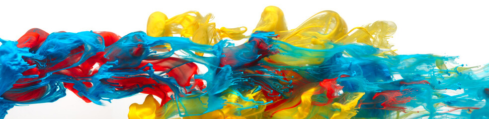Red, yellow, and blue paints and inks swirling together in water abstract background