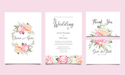 Fototapeta na wymiar wedding invitation template card design with watercolor floral and leaves