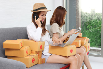 Teenager Asian entrepreneur owner working together at workplace at home. Start up small business.