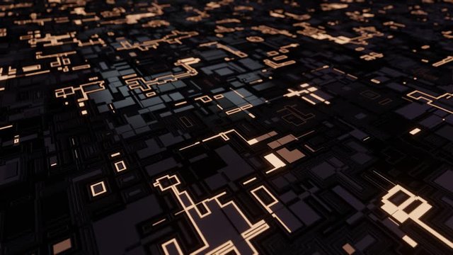 3D Rendering of abstract binary data node with red glowing led and dept of field focus. Moving from right to left seamless loop. Concept of Big data, artificial intelligence, core ai, cpu processing