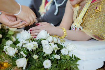 The hands of the participants watering the conch  in the wedding ceremony.