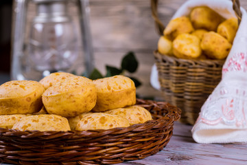 Brazilian cheese bread, chipa in basket.