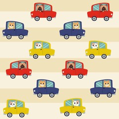 Das nahtlose Muster der Katze, die ein Auto fährt. Die Katze, die ein Auto auf gelbem und weißem Hintergrund fährt. Die Katze lächelt. Sie sehen glücklich aus. viele Farbe des Autos. süße Katze im flachen Vektorstil.