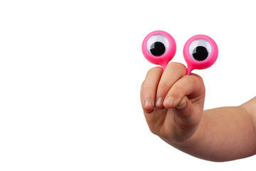 Scared serious cartoonish face with googly eyes hand gesture isolated on white background with copy space