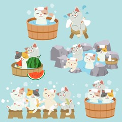 The collection of character of cute cat take a japanese hot spring bath. the cat taking an onsenan bath outdoor. cat Rub the body dry with white towel.the character of cute cat in flat vector.