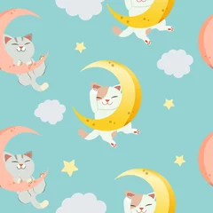 Tapeten Schlafende Tiere Das nahtlose Muster für den Charakter der süßen Katze, die auf dem Mond sitzt. Die Katze schläft und sie lächelt. Die Katze, die auf dem Halbmond und der Wolke schläft. Der Charakter der süßen Katze im flachen Vektorstil