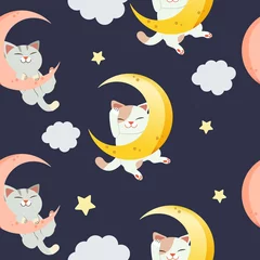 Tapeten Das nahtlose Muster für den Charakter der süßen Katze, die auf dem Mond sitzt. Die Katze schläft und sie lächelt. Die Katze, die auf dem Halbmond und der Wolke schläft. Der Charakter der süßen Katze im flachen Vektorstil © Guppic the duck