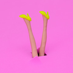 Doll legs in stylish shoes. Fashion flat lay concept art