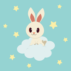 The character of cute rabbit sitting on the white cloud it's on the blue sky. The bunny smiling and sitting on the cloud. a lot of star.the character of cute rabbit in flat vector style.