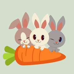 The group of character of cute rabbit with a big carrot. rabbit and friend with a huge carrot on the green background.  The character of cute bunny in the flat vector style.