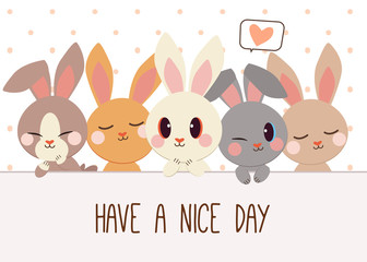 The group of character cartoon cute rabbit. The rabbit and friend with a polka dot background with heart . The cute character of rabbit in flat vector.