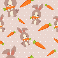 the seamless pattern of rabbit and carrot in the pink background and white polka dot. the pattern of carrot. The character of cute bunny in the flat vector style.