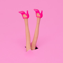 Doll legs in stylish heel shoes. Fashion flat lay minimal concept art