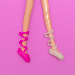Doll legs in stylish shoes. Fashion Lady minimal flat lay art