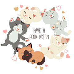 The character of cute cat sitting and sleeping in the party. The cute sleeping. The cat and friend. Tehe cute cat and the pattern of heart background. The character of cute cat in flat vector style.