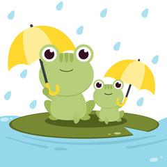 The character of frog holding an umbrella in the rain backgroung. The frog use yellow umbrella. The frog is happy with the rain season. The character of cute frog in flat vector style.