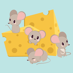 The character of cute mouse in big ัyellow cheese . The character of doodle mouse sitting and sleeping. The character of mouse in cute flat vector style.
