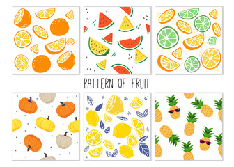 The pattern of fruit set. The collection of fruit is orange, redwatermelon, yellowmelon, lime, lemon, pumpkin, pineapple. The cute fruit in flat vector style.
