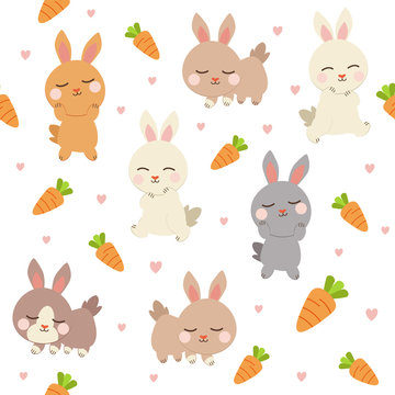 The seamless of cute rabbit and carrot in the background. The cute rabbit playing with corrot. The cute bunny in flat vector style. can use it for grahpic and wallpaper.