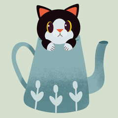 The character of cute cat sitting in the green tea pot. The cat sitting in the teapot for waiting the teatime. The green teapot have leaf pattern. The character of cute cat in flat vector style.