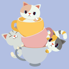 The group for character of cute cat sitting in the  cup. The cat sitting in the mugcup. The cat relaxing and happy on the cup. The character of cute cat in flat vector style.