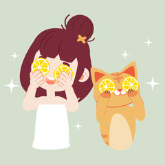 The girl masking face with lemon with cute cat. The girl happy and relaxing with lemon. The lemoneyemask. The cute cat and cute girl in flat vector style.