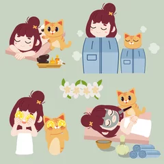 Fotobehang The collection of spa.The character of girl and cat in hot stone  spa  treatments.The girl masking face with black mask by cute cat.The girl and cute cat steaming sauna. The staming sauna machine. © Guppic the duck