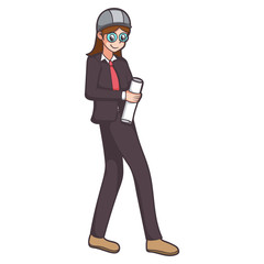 cartoon women manager leader project worker holding paper blueprint