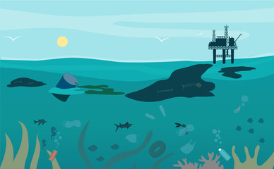 Oil waste pollution. Series of oil pollution in the ocean cartoon vector.