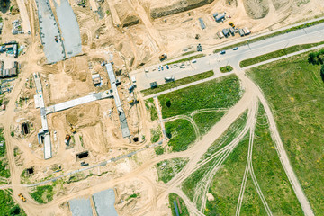construction site with machinery. aerial view of road junction under construction