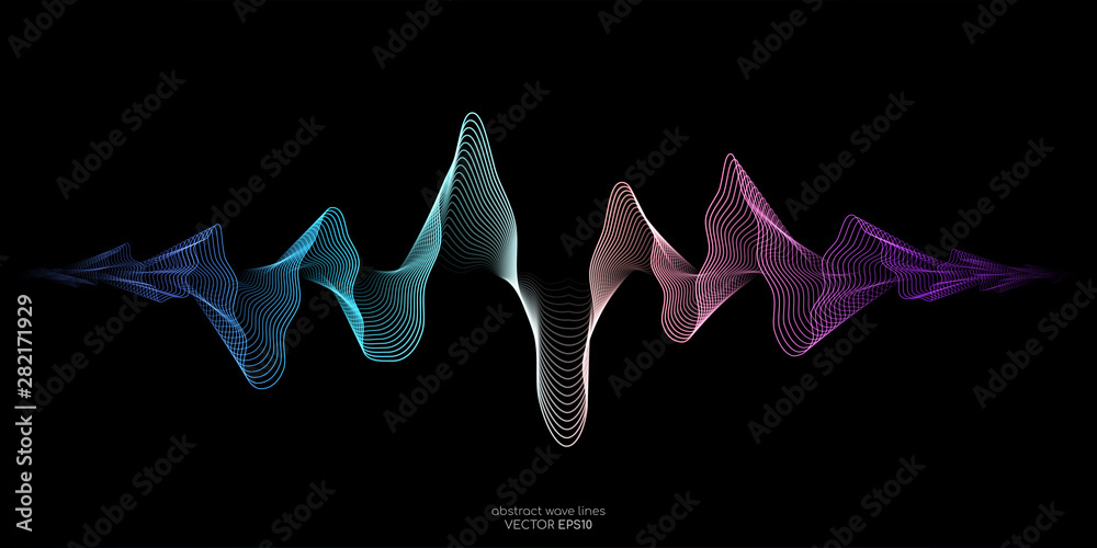 Poster Abstract wave lines pattern dynamic colorful light flowing isolated on black background. Vector illustration design element in concept of music, party, technology, modern.