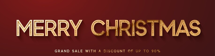 Fototapeta na wymiar Merry Christmas Sale. Horizontal banner, poster, border for the website., logo golden color on red background.