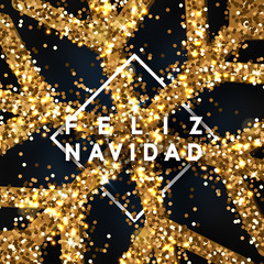 Spanish text Feliz Navidad. Christmas background with shining snowflakes in square frame.