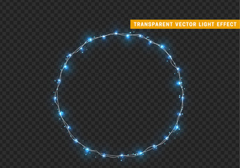 Christmas wreath, frame of New Year's bright glowing lights of garlands. Light effect Xmas decoration round ring. Isolated on a transparent background. Design element. vector illustration.