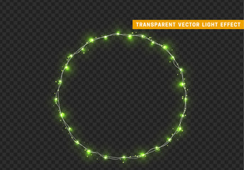 Christmas wreath, frame of New Year's bright glowing lights of garlands. Light effect Xmas decoration round ring. Isolated on a transparent background. Design element. vector illustration.