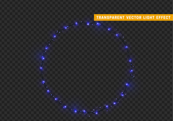 Christmas wreath, frame of New Year's bright glowing lights of garlands. Light effect Xmas decoration round ring. Isolated on a transparent background. Design element. vector illustration.