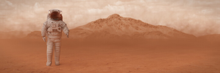 astronaut on the red planet Mars, surrounded by a sandstorm