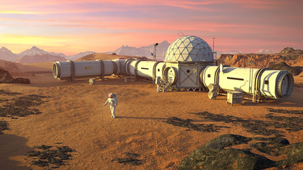 Mars base with astronauts, research habitat on the surface of the red planet © dottedyeti