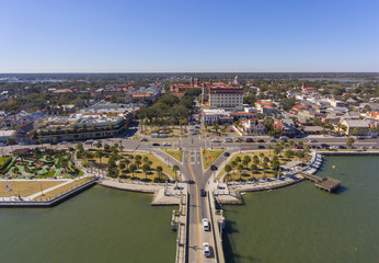 St. Augustine city aerial view including Plaza de la Constitucion, Cathedral Basilica of St. Augustine and Governor House, St. Augustine, Florida, USA.