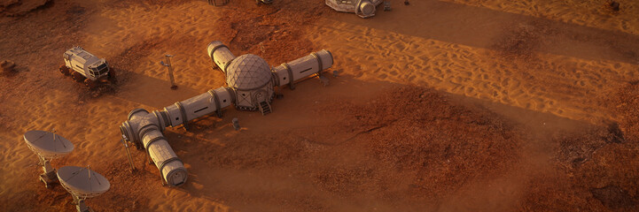 habitat on Mars, base in desert landscape on the red planet