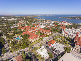 Fototapeta na wymiar Aerial view of Ponce de Leon Hall of Flagler College in St. Augustine, Florida, USA. The Ponce de Leon Hall with Spanish Colonial Revival style is a US National Historic Landmark.