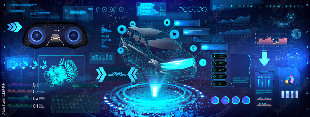 Poster Hi-tech Car analysis and diagnostics in HUD style. 3D Crossover X-ray car hologram, automotive projection, hardware diagnostics condition of car. HUD graphic touch user interface elements set. Vector
