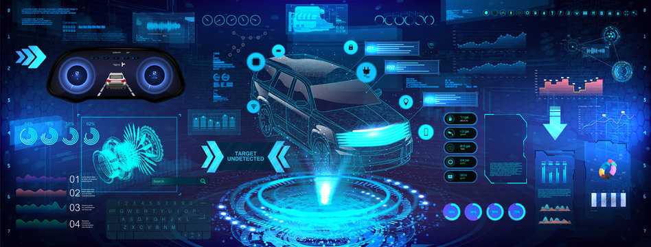 Hi-tech Car analysis and diagnostics in HUD style. 3D Crossover X-ray car hologram, automotive projection, hardware diagnostics condition of car. HUD graphic touch user interface elements set. Vector
